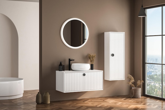 Interno moderno del bagno con lavabo bianco a parete beige con vasca da bagno a specchio ovale e parquet. rendering 3D