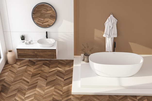 Interno moderno del bagno con pareti beige lavabo bianco con vasca a specchio ovale e pavimento in parquet Bagno luminoso minimalista con mobili moderni Vista dall'alto Rendering 3D