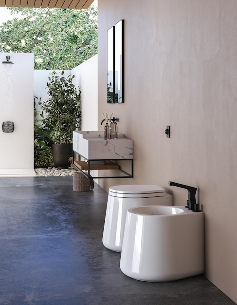 Interno moderno del bagno con pareti beige, lavabo in marmo con doppio specchio, vasca da bagno, uno spettacolo all'aperto