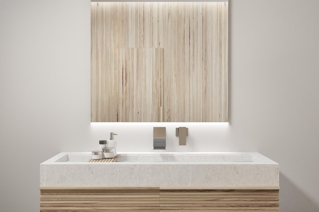 Interno moderno del bagno con pareti in legno e un lavandino con un grande specchio appeso sopra di esso. Rendering 3d mock up