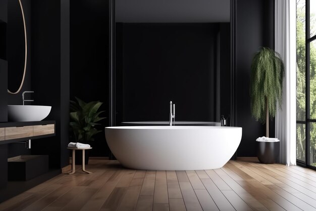 Interno moderno del bagno con parquet per vasca da bagno a parete bianca