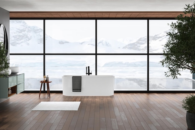 Interno moderno del bagno con pavimento in parquet marrone scuro, vasca ovale bianca e due lavandini vista laterale Bagno minimalista con mobili moderni, piscina e vista sulle montagne innevate dalla finestra Rendering 3D