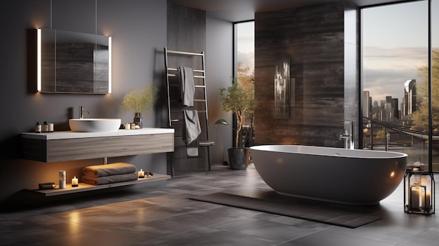 Interno moderno del bagno con vasca da bagno, finestre, lavandino e altri mobili generativi ai