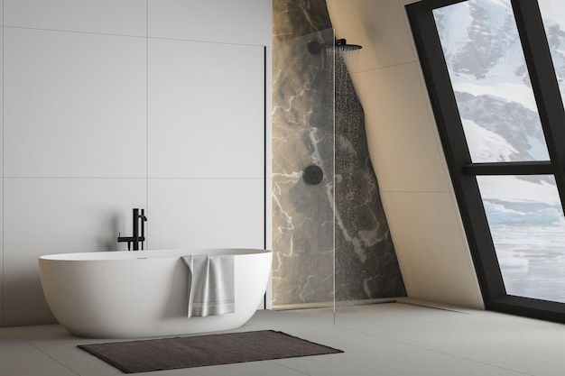 Interno moderno del bagno con vasca ovale bianca del pavimento di cemento e pianta bianca della doccia del bacino e vista delle montagne innevate dalle finestre Bagno minimalista con il rendering 3D dei mobili moderni