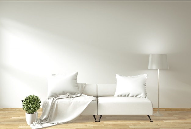 Interno moderno del salone con lo stile giapponese della stanza delle piante verdi e del sofà