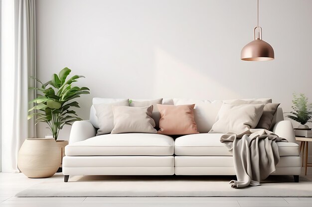 Interno moderno del soggiorno con divano bianco e piante