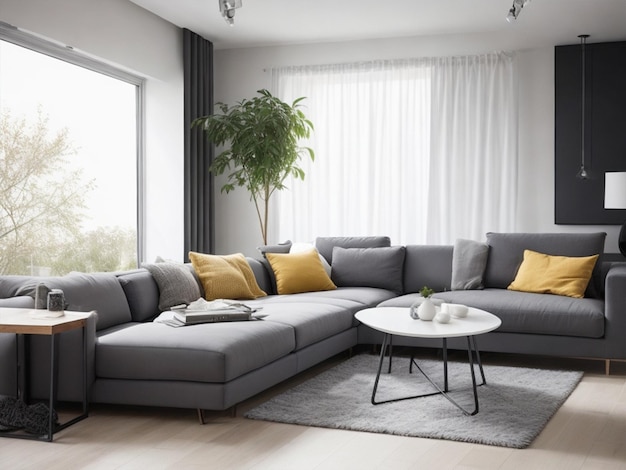 Interno moderno del soggiorno con divano elegante e confortevole Generato Ai