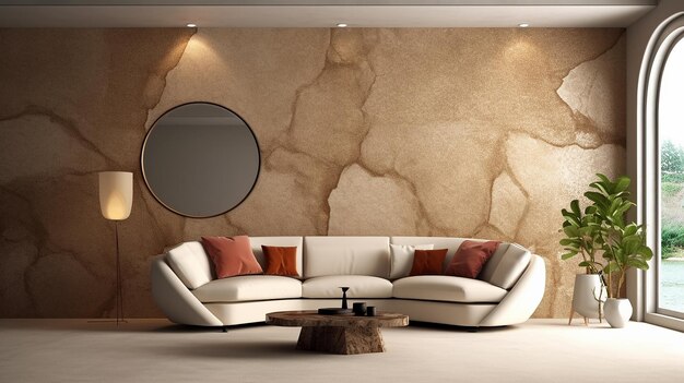 Interno moderno del soggiorno con divano, tavoli da caffè, poltrona contro parete di stucco AI generativa