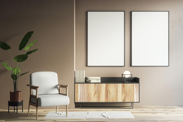 Interno moderno del soggiorno con due poster bianchi vuoti su mobili da parete beige e rendering 3D delle piante