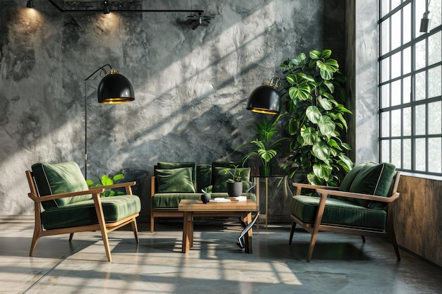 Interno moderno del soggiorno con poltrone verdi e tavolo da caffè in legno contro parete di stucco