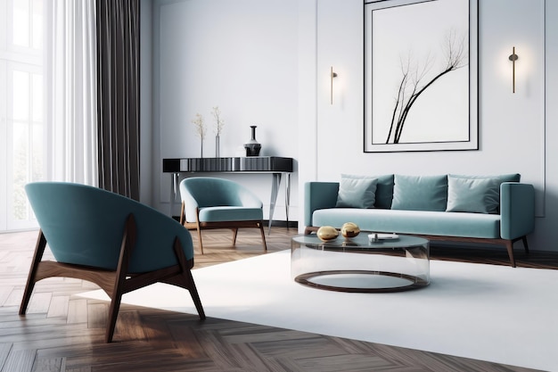 Interno moderno del soggiorno con sedie e due tavolini generativi AI