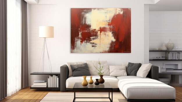 Interno moderno del soggiorno con un grande dipinto sopra il divano creato con la tecnologia Generative AI