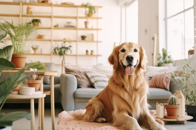 Interno moderno del soggiorno Dolce Golden Labrador Retriever vicino al divano Generativa AI