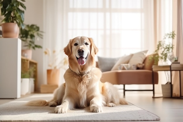 Interno moderno del soggiorno Dolce Golden Labrador Retriever vicino al divano Generativa AI