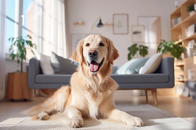 Interno moderno del soggiorno Dolce Golden Labrador Retriever vicino al divano Generativa AI