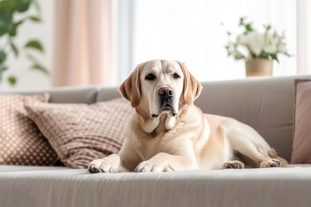 Interno moderno del soggiorno Dolce Golden Labrador Retriever vicino al divano Generativa AI