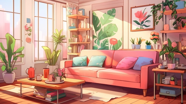 interno moderno del soggiorno in illustrazione di cartoni animati o anime acquerello