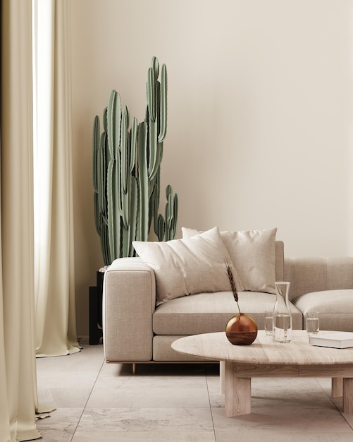 interno moderno del soggiorno in toni beige con tende per divano e tavolo da caffè e cactus sullo sfondo rendering 3D