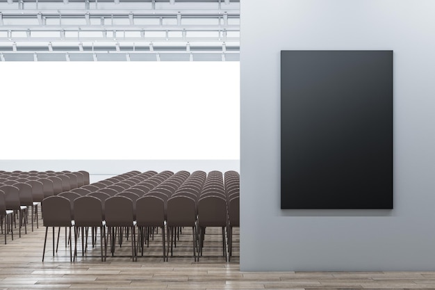 Interno moderno dell'auditorium con sedili a pavimento in legno e poster vuoto sulla parete Rendering 3D