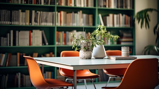 Interno moderno della biblioteca con sedie arancioni e un vaso di fiori sul tavolo