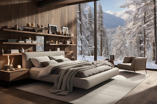 Interno moderno della camera da letto con gli alberi innevati