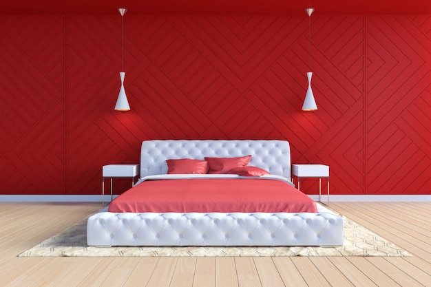 Interno moderno della camera da letto contemporanea nel colore rosso e bianco, rappresentazione 3D