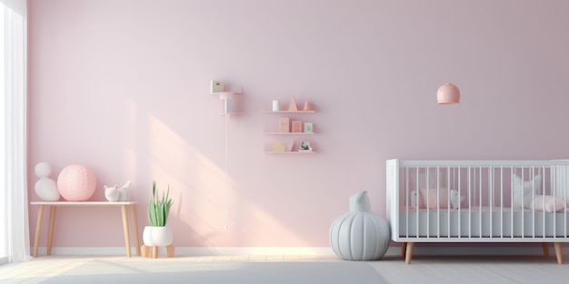 Interno moderno della camera dei bambini colori unisex neutri Illustrazione 3D in stile scandinavo IA generativa