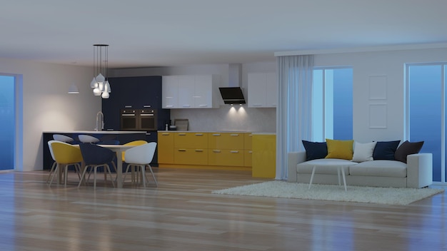 Interno moderno della casa con cucina gialla. Notte. Illuminazione serale. Sorgenti di luce artificiale. Rendering 3D.