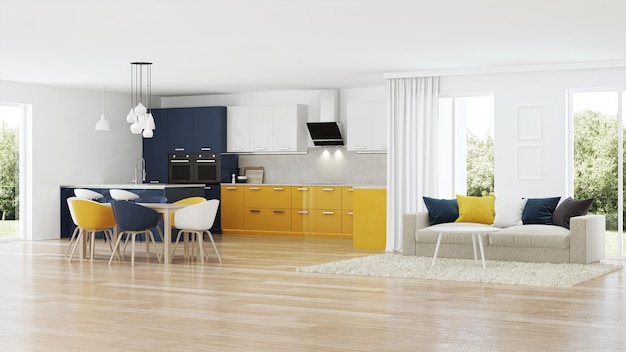 Interno moderno della casa con cucina gialla. Progetto di design. Rendering 3D.