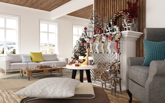 Interno moderno della casa con decorazioni natalizie e nuovo albero lacrimale