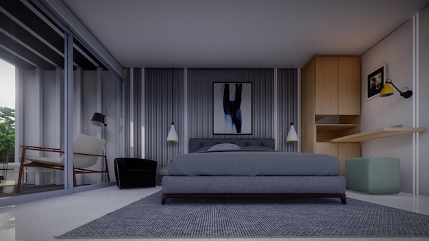 interno moderno della casa con il rendering 3d di colori grigi