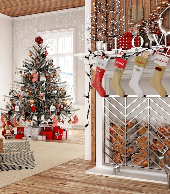 Interno moderno della casa con l'albero del nuovo anno e la decorazione di natale