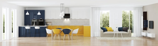Interno moderno della casa con la cucina gialla. Progetto di disegno. Rappresentazione 3D.