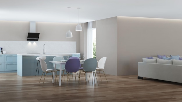 Interno moderno della casa. Cucina blu. Rendering 3D.