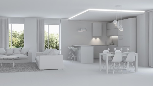 Interno moderno della casa. Riparazioni. Interni grigi. Rendering 3D.