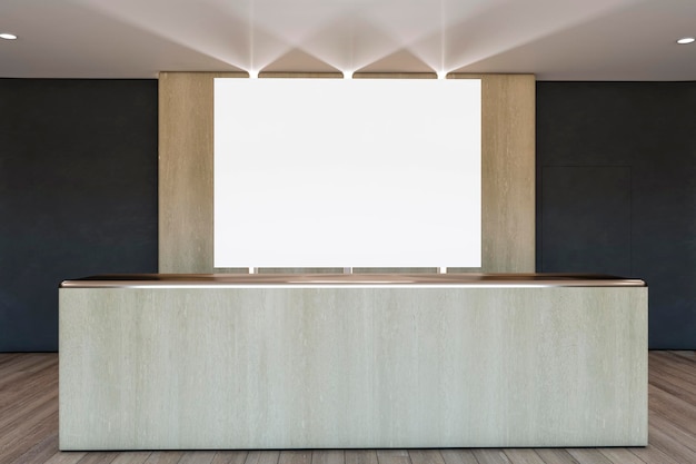Interno moderno della hall dell'ufficio in legno e cemento con poster mock up bianco vuoto Area di attesa e concetto di hotel Rendering 3D