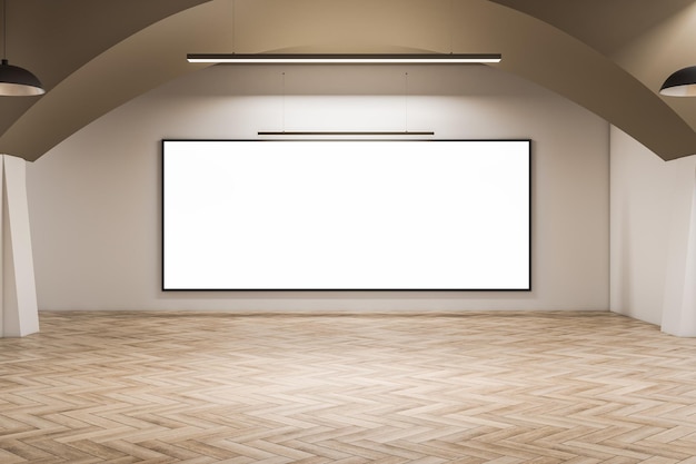 Interno moderno della sala espositiva con pareti in cemento e pavimento in legno con cornice vuota. Rendering 3D del concetto di galleria