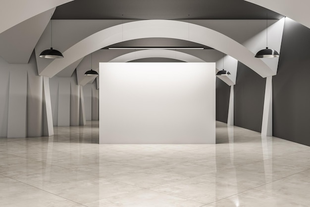 Interno moderno della sala espositiva con pareti in cemento e pavimento vuoto. Rendering 3D del concetto di galleria