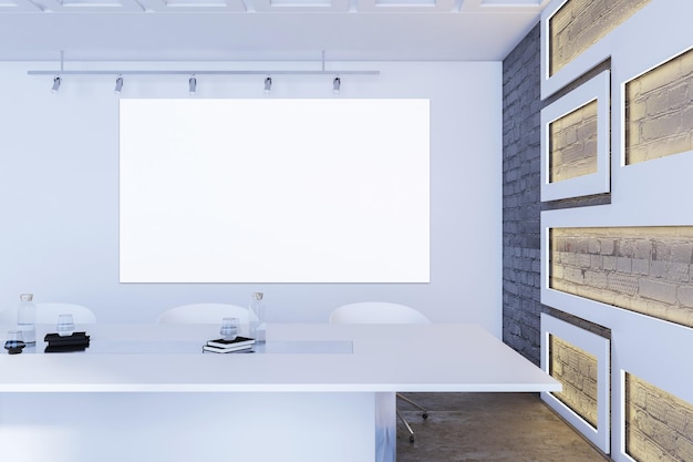 Interno moderno della sala riunioni con banner bianco vuoto su parete decorativa in cemento e mobili 3D Rendering