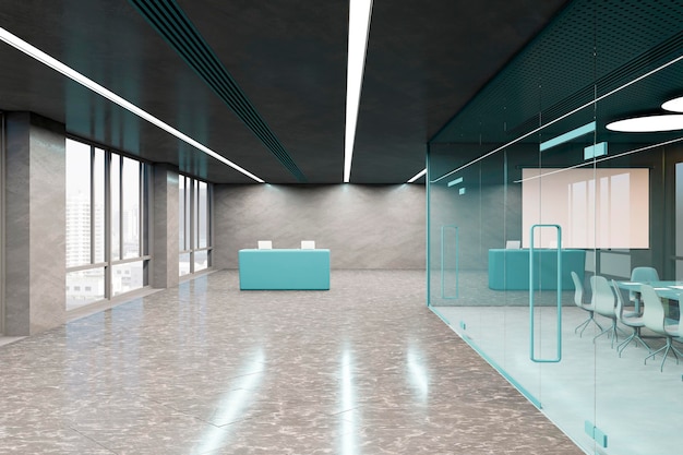 Interno moderno della sala riunioni dell'ufficio in vetro con luce diurna e attrezzature per mobili in corridoio Luogo di lavoro e concetto aziendale Rendering 3D