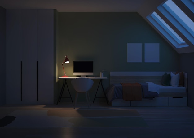 Interno moderno della stanza dell'adolescente con il posto di lavoro e il letto Notte Illuminazione serale Rendering 3D