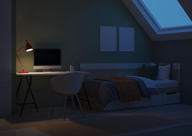 Interno moderno della stanza dell'adolescente con il posto di lavoro e il letto Notte Illuminazione serale Rendering 3D