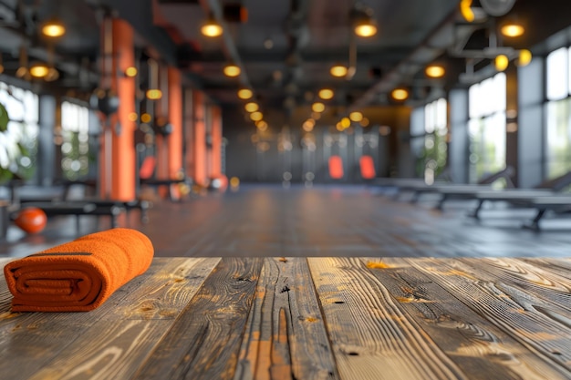 Interno moderno di palestra con attrezzature e tappetino da yoga arancione sul pavimento di legno in focus