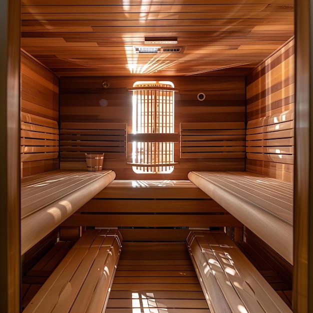 Interno moderno di sauna in legno con illuminazione LED concetto di design per la salute e il benessere