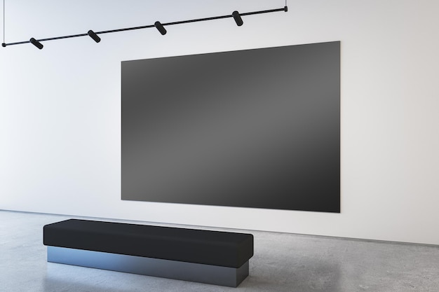 Interno moderno di un museo o di una sala espositiva con uno striscione nero vuoto su un muro di cemento e una panchina 3D