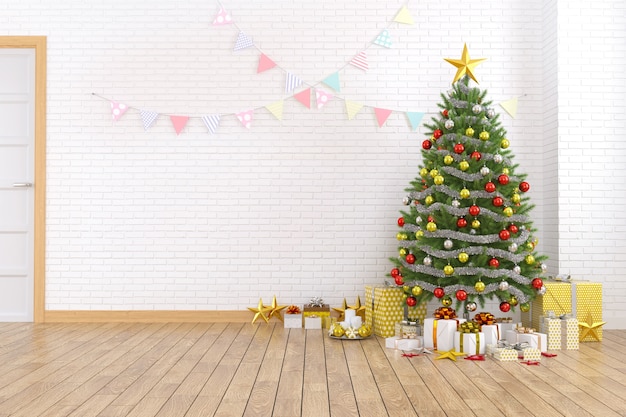 Interno moderno e minimalista del salotto, albero di Natale sul muro di mattoni bianchi