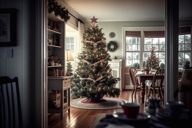 Interno natalizio con camino, Babbo Natale, albero di Natale, regali, finestra con paesaggio invernale. illustrazione.
