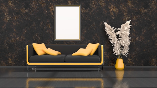 Interno nero con divano moderno nero e giallo e cornici per mockup, illustrazione 3d