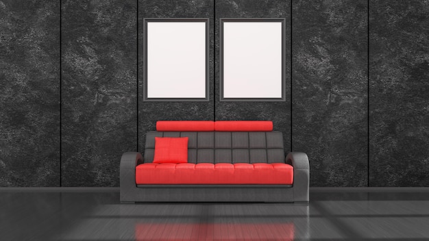 Interno nero con divano moderno nero e rosso e cornici per mockup, illustrazione 3d