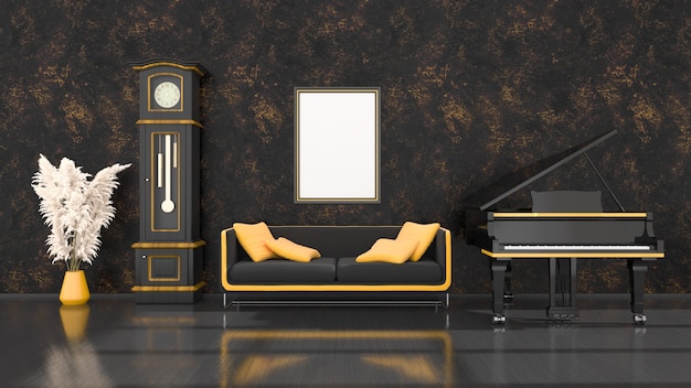 Interno nero con pianoforte a coda nero e giallo, orologio vintage e cornice per mockup, illustrazione 3d